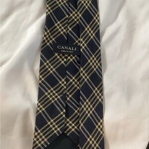 Canali Navy and Gold Plaid Silk Tie - Classic Check